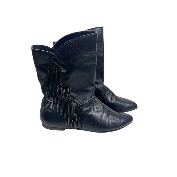 Vintage Black Leather Western Cowboy Fringe Boots: 9M - Picture 3 of 8